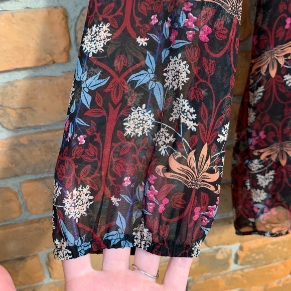 Daniel Rainn Anthropologie Floral Print Boho Sheer Long Sleeve Blouse Black - M - Picture 2 of 4